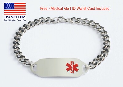 Medical Alert ID Bracelet -FREE ID Wallet Card,Engraving -Men s Women's USA 