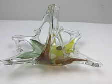 Beautiful Vintage Abstract Design Murano Art Glass Basket Yellow Green Brown