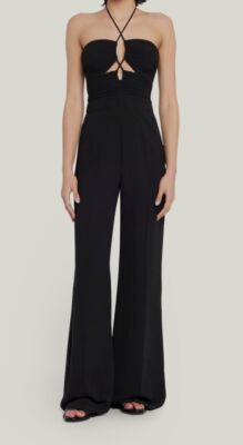 $595 Jonathan Simkhai Women's Black Gala Plissé Wide-Leg Halter Jumpsuit Size 0