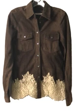 Size Small Red Valentino Brown Leather Suede & Lace Western Style Rodeo Shirt
