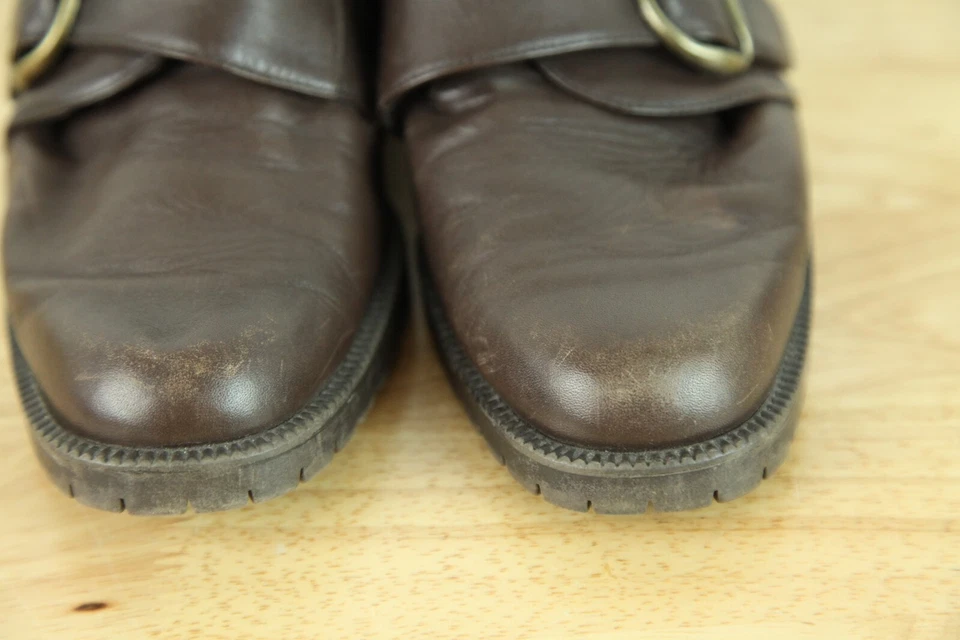 Mocasines de cuero marrón años 90 Y2K para mujer 7 1/2 tacón grueso correa monje hebilla academia Foto 4 de 4