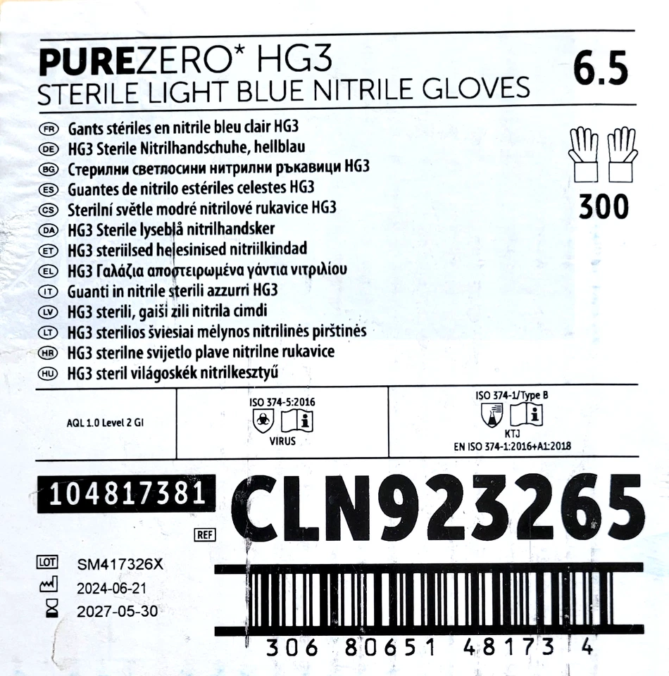 HALYARD* PUREZERO* HG3 Hellblaue Nitrilhandschuhe Größe 6,5 ISO-Klasse 3 + höher