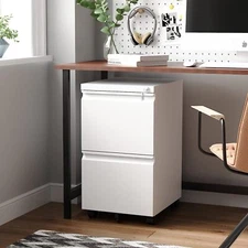 Metal 2 Drawers Office Filing Storage Cabinet with Lock Wheels Rolling Cabinets