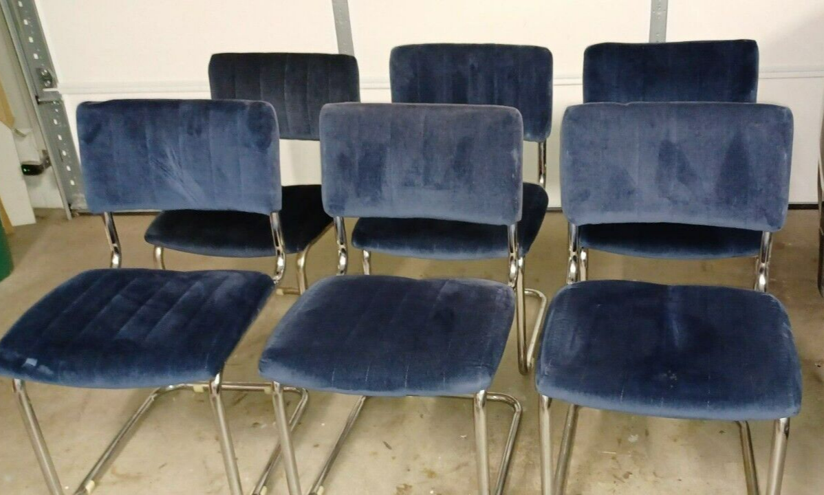 6 Segars Tubular Cantilevered Chrome And Blue Velvet Dining Chairs eBay