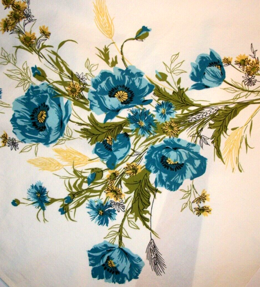 Vintage Vibrant Blue Yellow Black Green Flowers TABLECLOTH 50" BY 52