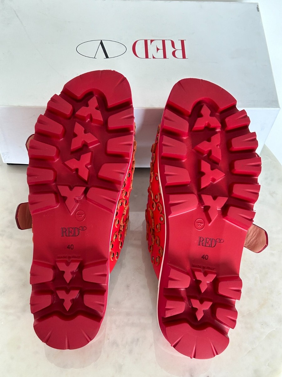 New Red Valentino Flower Puzzle Stud Leather Slide Sandals 10U.S