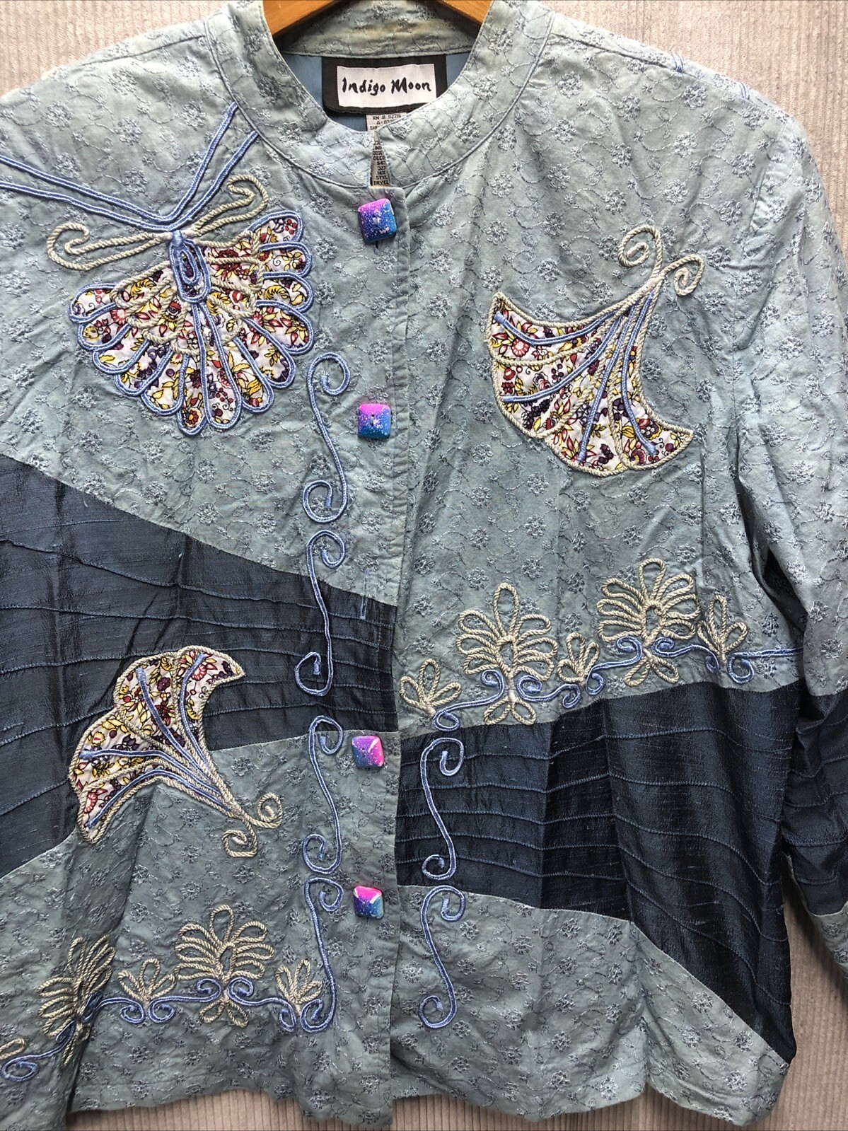 Indigo Moon Jacket Size Large Blue Patch Work Emb… - image 2