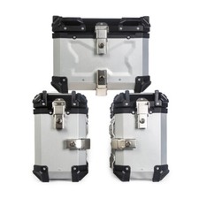 Aluminiowa walizka motocyklowa + płyta bazowa ze skrzynią siodłową srebrna 45L + 38L + 38L