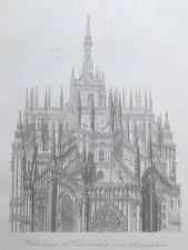 ANTIQUE ARCHITECTURAL ENGRAVING ITALIAN CATHEDRAL