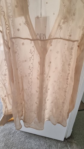 Bnwt Zara Semi-sheer Beige Embroidered Shirt Top Blouse Oversized XL Extra Large - Picture 2 of 16