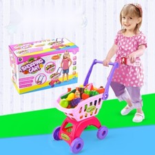 Kids Shopping Trolley Toy Cart Play Food Set Childs Pretend Shop Push Along Toy