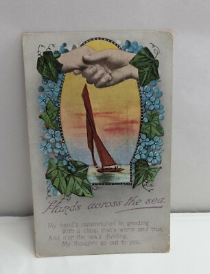 Vintage Postkarte Hände übers Meer, Segelboot, Vergissmeinnicht, Edwardianisch 