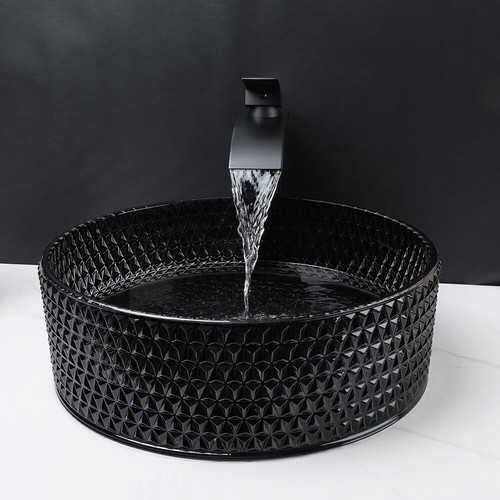 Black Bathroom Vessel Sink Round Tempered Glass Basin Mixer Deck Mount Drain Tap - Picture 10 of 13
