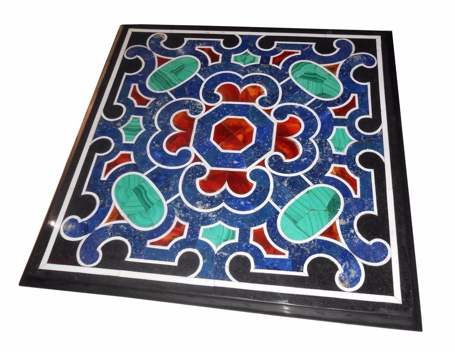42-Inch Black Marble Coffee Table with Lapis Pietra Dura Inlay Handcrafted Design