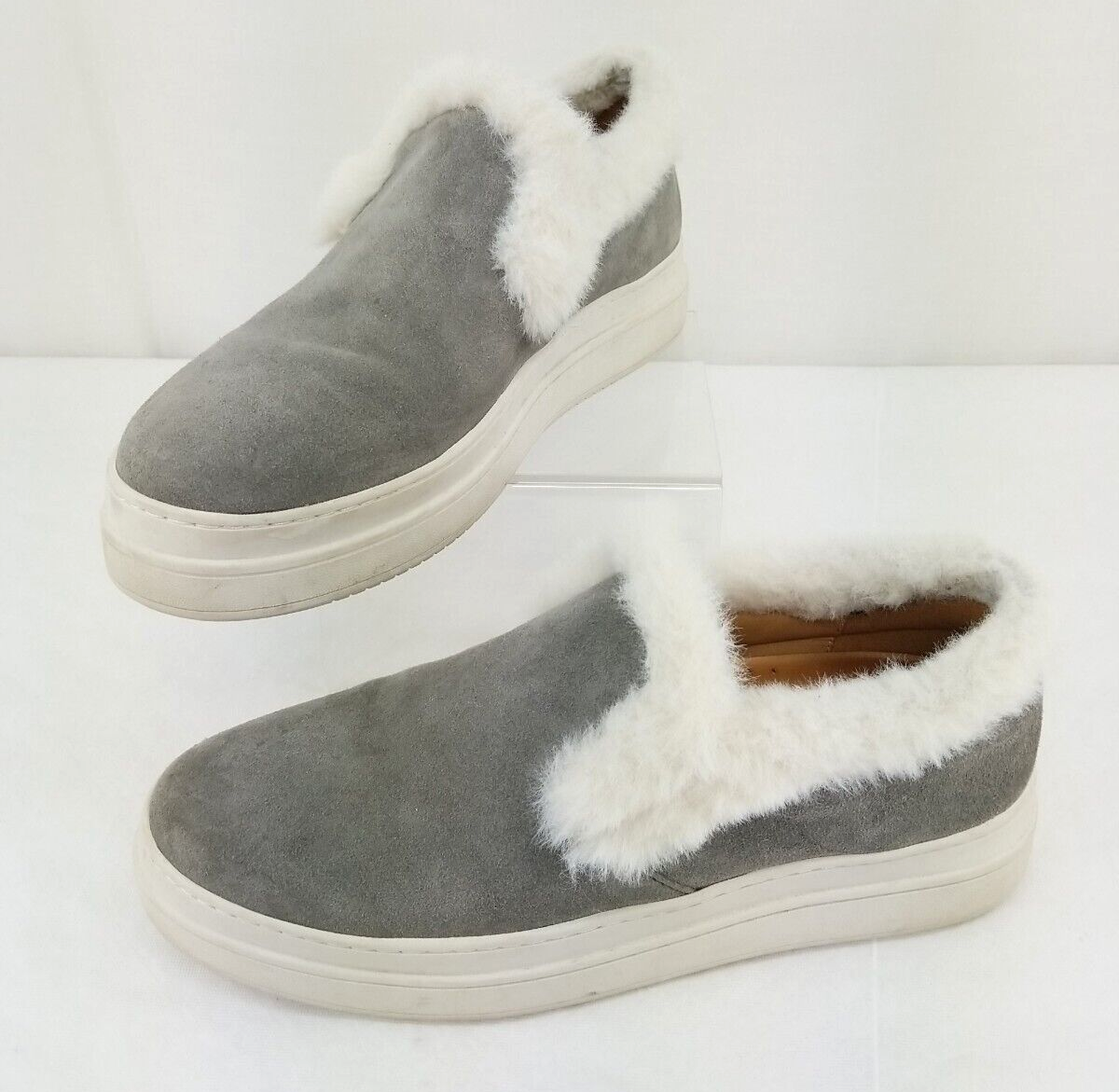 J Slides NYC Womens Neel Off Gray Faux Fur Trim Suede Slip On