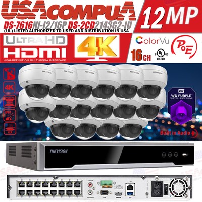 Hikvision 4K 16CH 12MP 16 POE Security Camera System Domo 4 megapixel Audio Lot