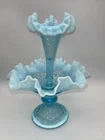 Vintage Fenton Sea Blue Opalescent Single Epergne Tulip Bud Vase Bowl 10.5”x 8”