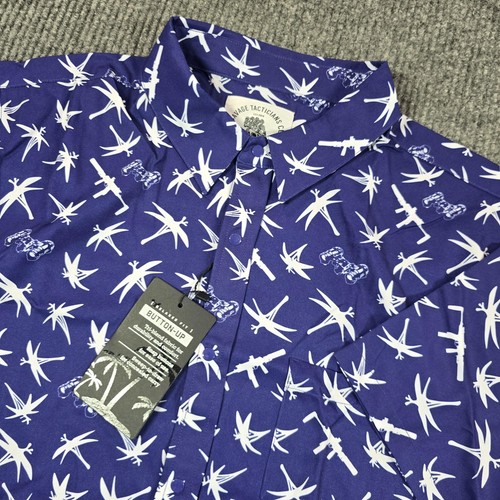 Savage Tacticians Co. Shirt Mens XL Blue Rifle Palm Print Short Sleeve Snap