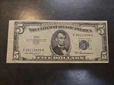 1953 A Five Dollar $5 Bill Blue Seal Silver Certificate Note Off-Center 5698 A