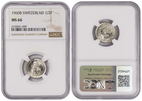 i-650633 Switzerland ½ Franc 1960 B. NGC MS 66. Almost TOP POP.