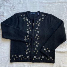 Karen Scott Snowflakes Cardigan Sweater Small Wool Black Embroidered Christmas