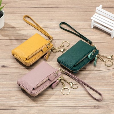 Women's Genuine Leather Small Coin Holder Change Purse Zipper Key Card Wallet