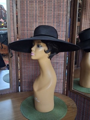 Vintage 100% Italian Black Straw Wide Brim Hat Vintage Italian Natural 100% Straw Brim Sun Hat Black Made  main image 2