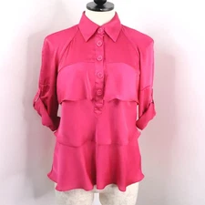 Apostrophe Women’s SP Petite Magenta Pink Satin Tiered Ruffle Collared Blouse