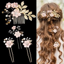 4 Pieces Wedding Hair Accessories - Pink Pearl Rhinestone Bridal Hair - Pink