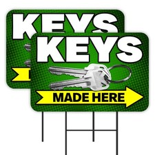 Keys Made Here 2 Pack Double-Sided Yard Signs 16" x 24" with Metal Stakes Made