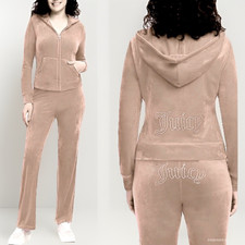 NWT Juicy Couture Classic Velour Bling 2-Piece Tracksuit Taupe Beige Women Sz. L