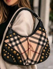 Burberry Nova Borsa Hobo con Borchie a Quadri Bordo in Pelle Nera Borchie Oro Autentica...