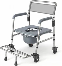 Commode Shower Chair with Wheels - Bathroom & Bedside Wheelchair 275 lbs limit