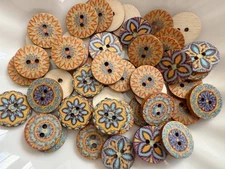 50PC Blue Flower Vintage Paint Round Wood Buttons Sewing Crafts 15mm