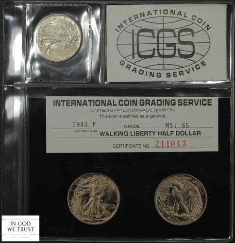 1943 Walking Liberty Silver Half Dollar 50C Old Photo Certificate ICGS MS 65