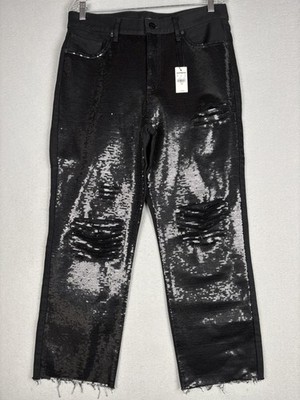 Express Jeans Womens 10R Black High Rise Straight Sequin Distressed Raw Hem