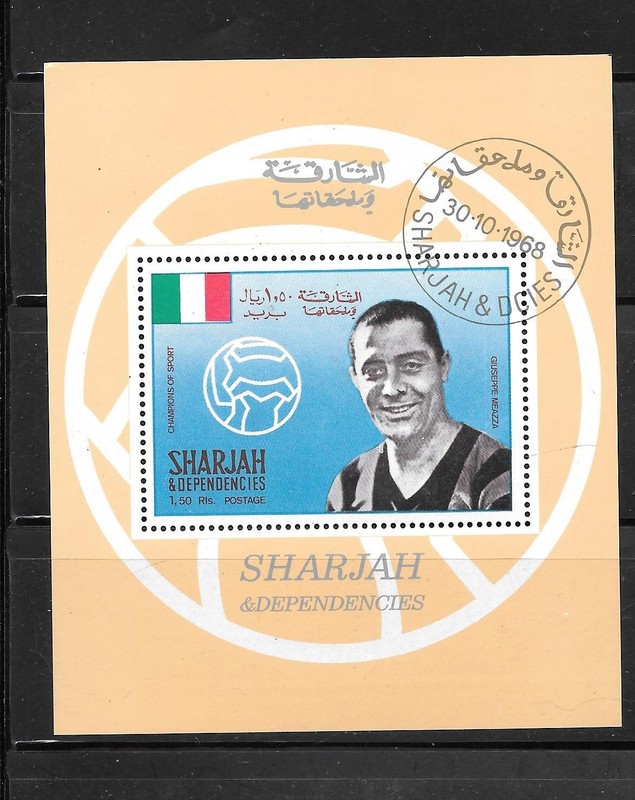 SHARJAH G. MEAZZA SOCCER PLAYER OLD CTO XF USED SOUVENIR SHEET STAMP