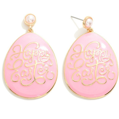 Pink Enamel Coated Happy Easter Egg Drop Earrings With Pearl Post 