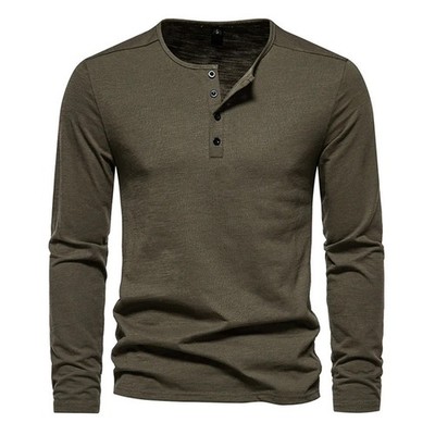 Men's Shirt Cotton Henley Neck T-Shirts Long Sleeve Casual Button Plain