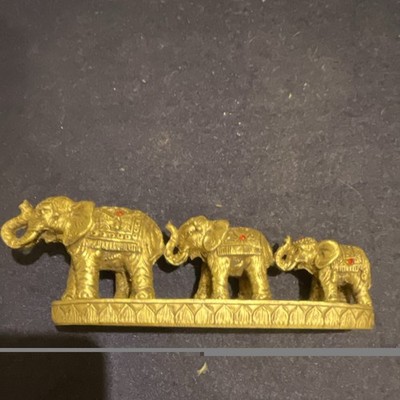  Vintage Elephant Figurine Trio on Decorative Base with Red Accent Stones