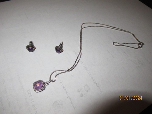 Sterling Silver 18" Amethyst Pendant w/ Earrings - 第 1/4 張圖片
