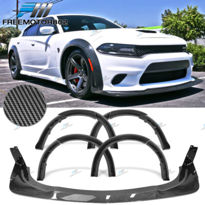 Fits 15-23 Dodge Charger Widebody Style Front Bumper Lip + Fender Flares CFL ABS