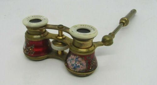 ANTIQUE FRENCH RED ENAMEL GUILLOCHE OPERA GLASSES w/HAND-PAINTED FLOWERS  - Picture 1 of 12
