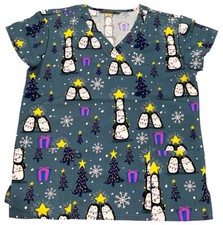 Women's Christmas Medical Scrub Tops Gray Base Penguin Christmas Tree XLarge