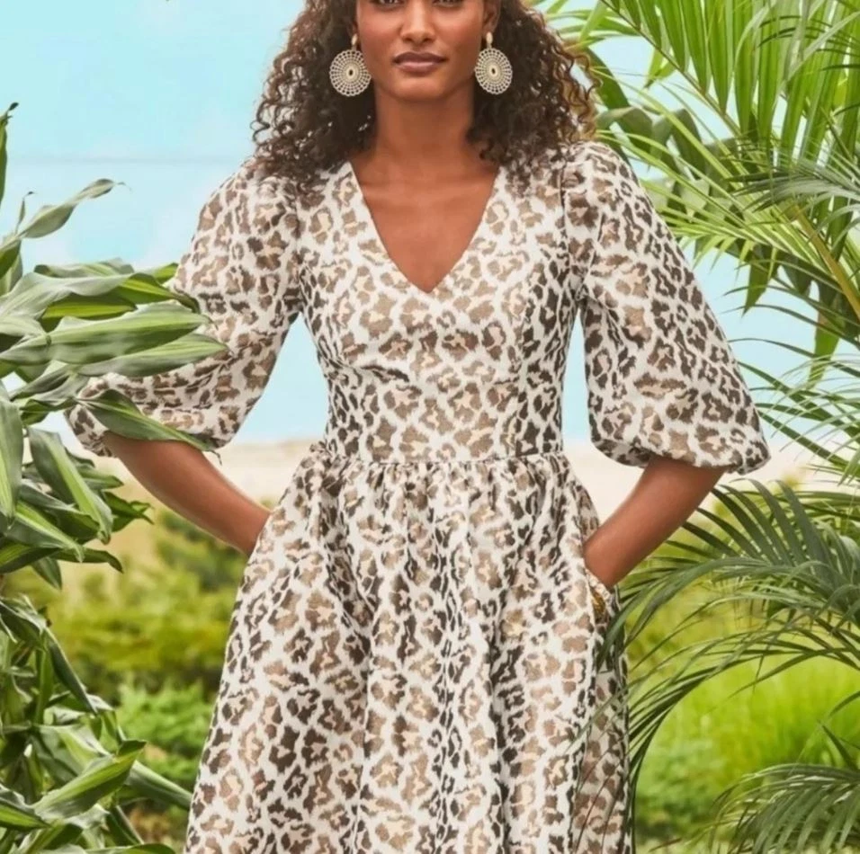 LILLY PULITZER Calyssa 3/4 Sleeve Dress Gold Metallic Leopard Jacquard Puff  2 | eBay