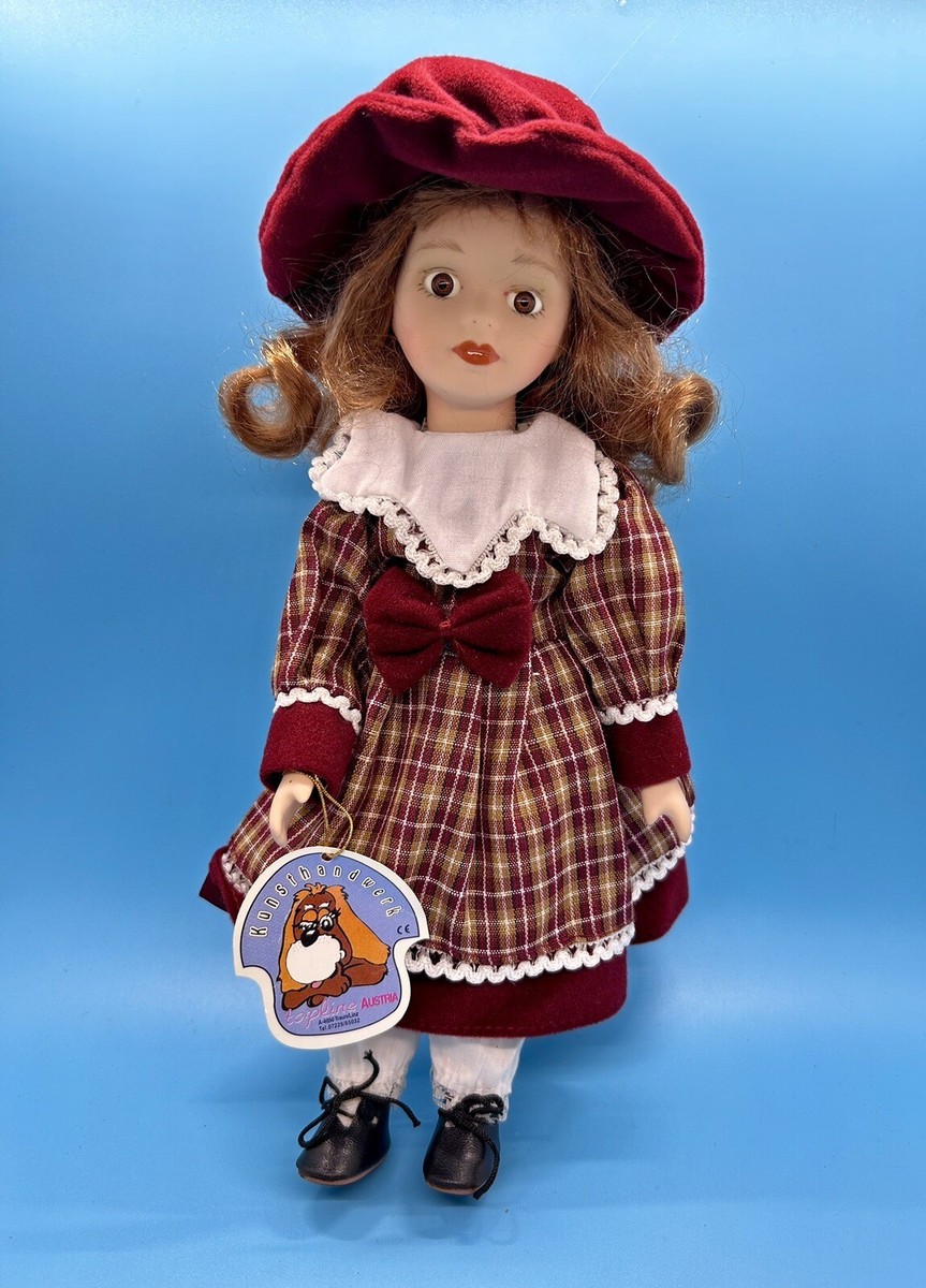 Vintage Kunsthandwerk Topline Austria Porcelain 12.5” Doll Red Hat