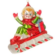NEW RAZ Imports 4" GLASS GLITTERED ELF ON CANDYCANE SLED CHRISTMAS ORNAMENT