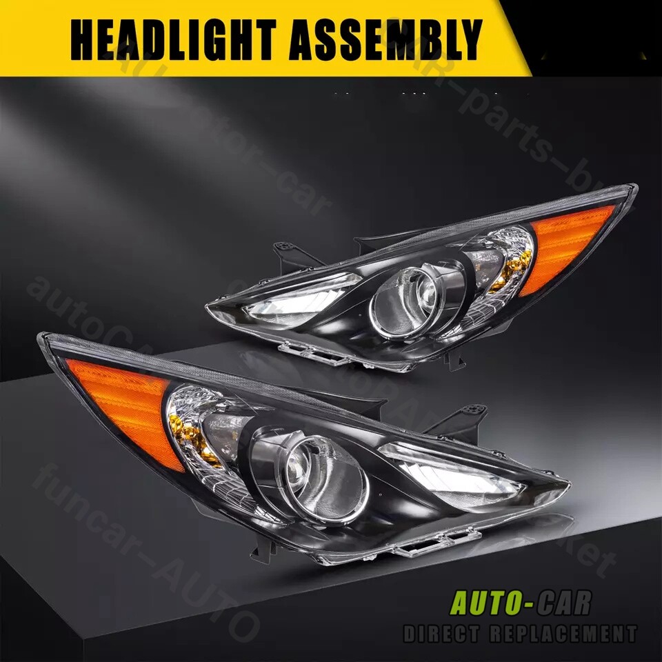 Pair Black Housing Front Lamps Headlights Assembly For 2011-2014 Hyundai Sonata
