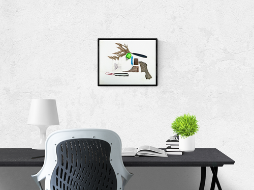 GREEN BOTTLE White Black Red Found Object Abstract Placing Collage Painting - Picture 2 of 9
