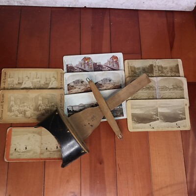 Antique Wooden Stereoscope 3D Viewer And 9 View Cards By Kilburn/ Comics&Groups